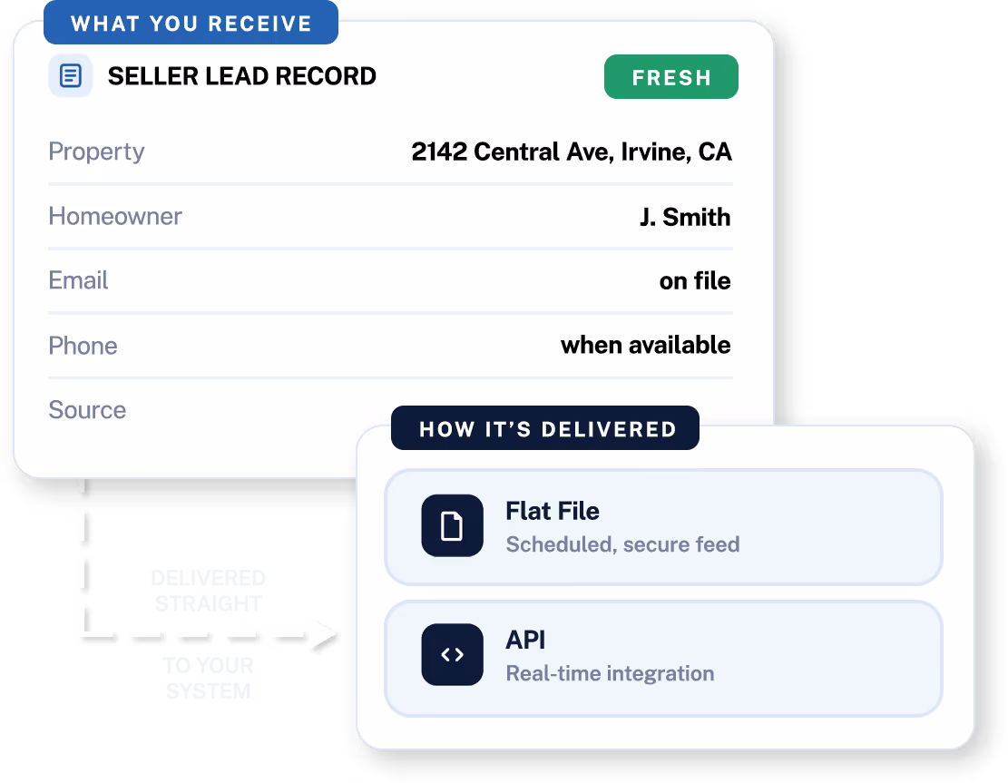 Seller lead records delivered to your system through an API or scheduled flat file.