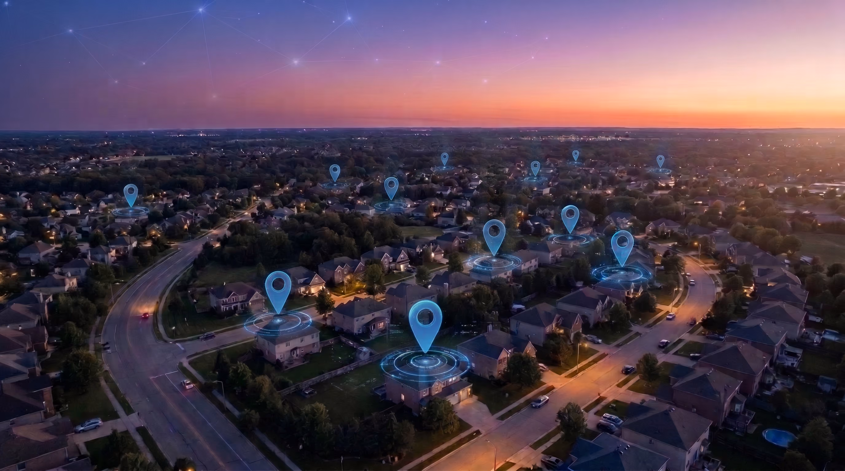 Aerial view of a residential neighborhood.