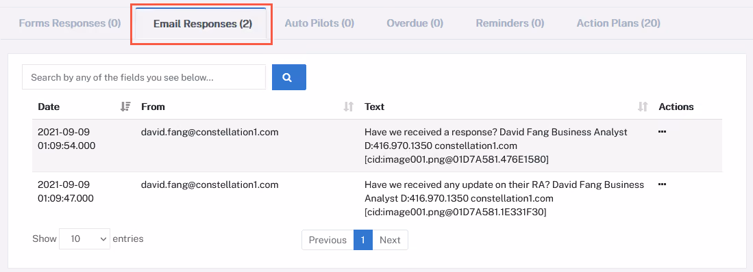 A four-column table with six tabs at the top for emails received within the Constellation1 Relocation software. The selected Email Responses tab filters messages by recipient and example messages are displayed in the table.