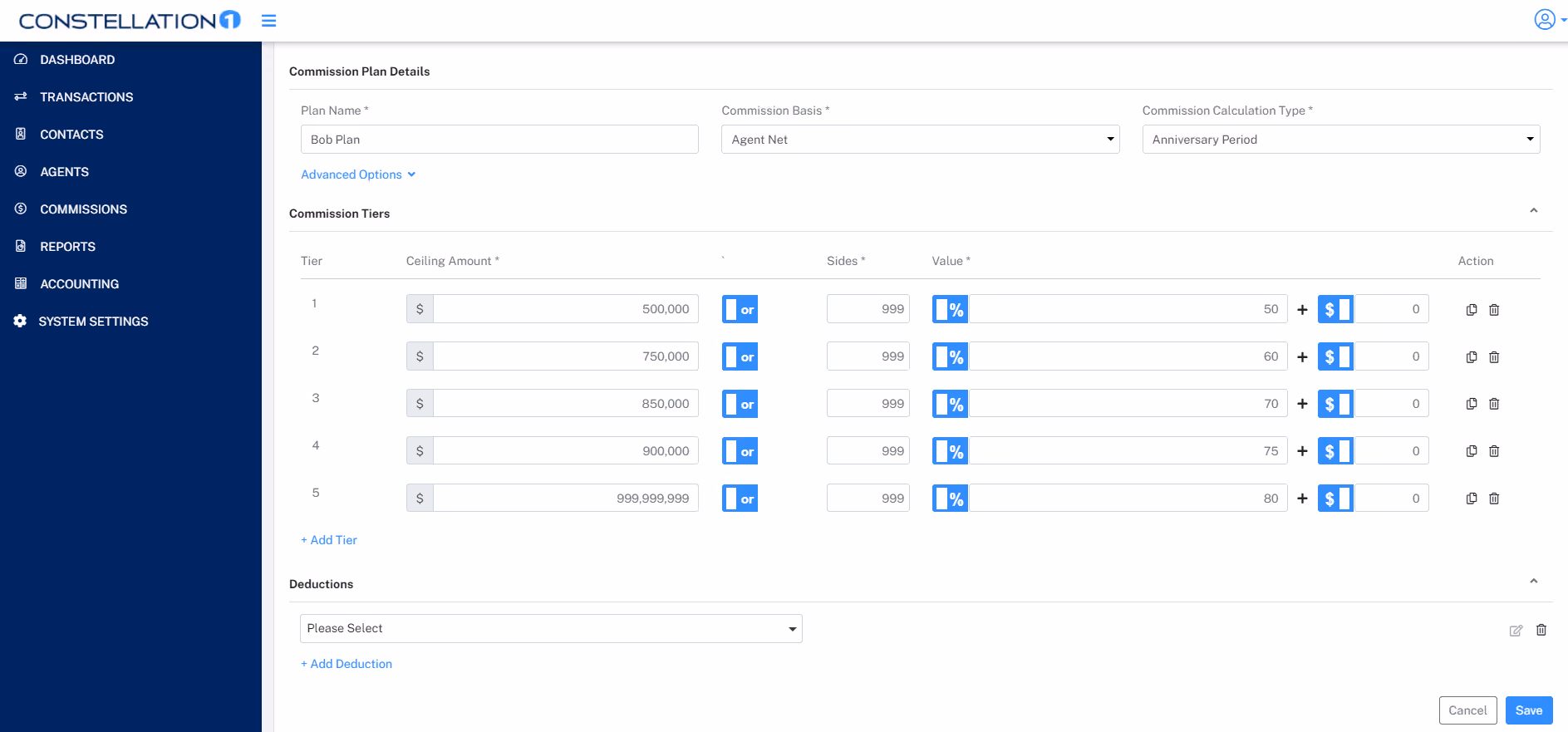 Screenshot of the commission plan page that allows admins to set tailored rules for precise payments to agents and referrers