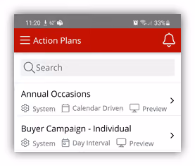 Constellation1 CRM mobile app action plans list with preview buttons.