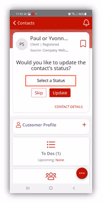 Constellation1 CRM mobile app contact status picker.