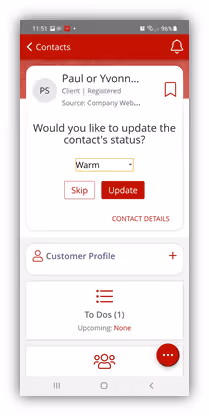 Constellation1 CRM mobile app showing an updated contact status.