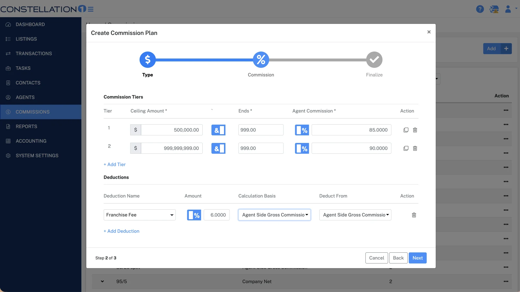 Constellation1 Commissions plan builder with configurable tiers and deductions