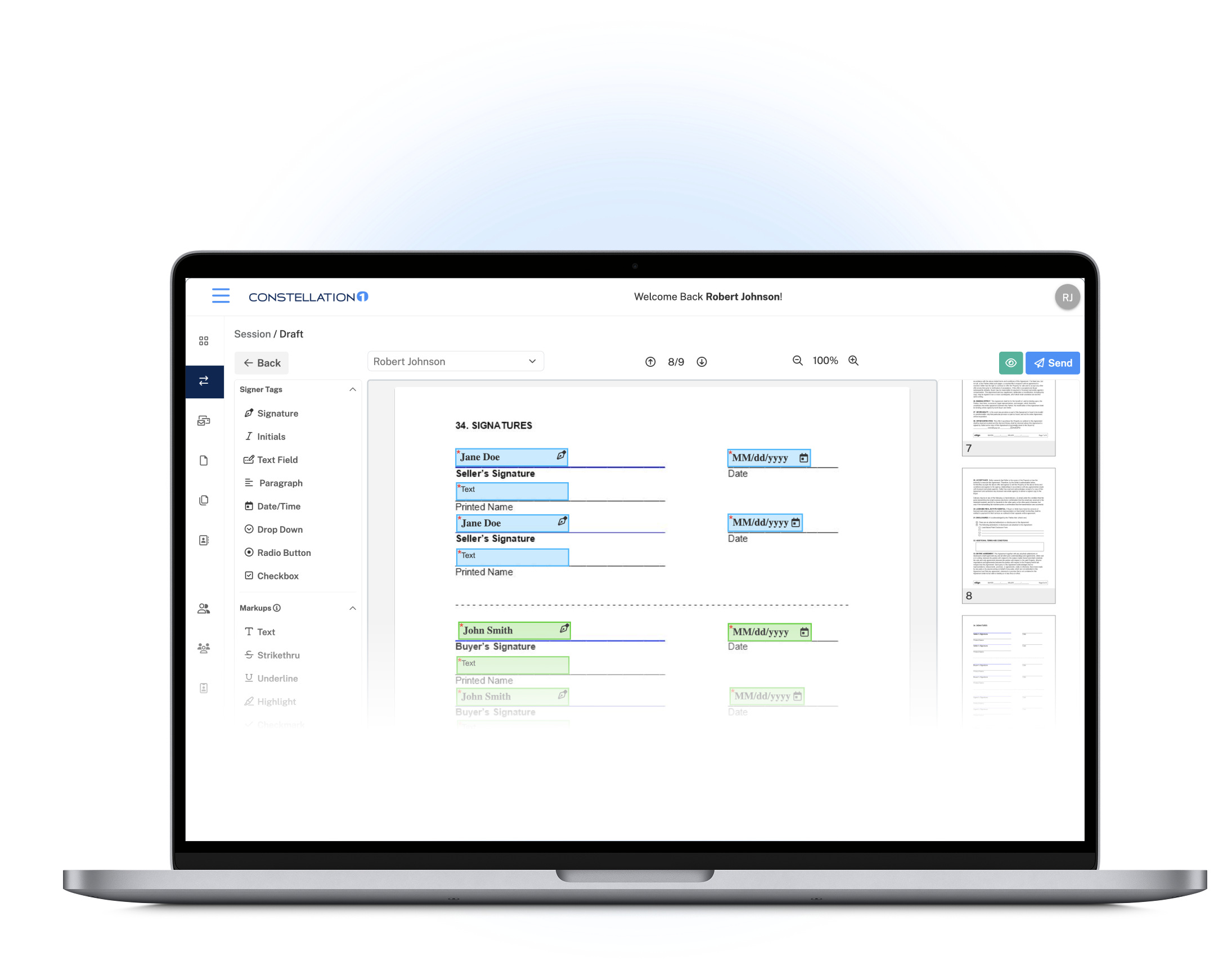eSign assign and send workflow shown on a laptop